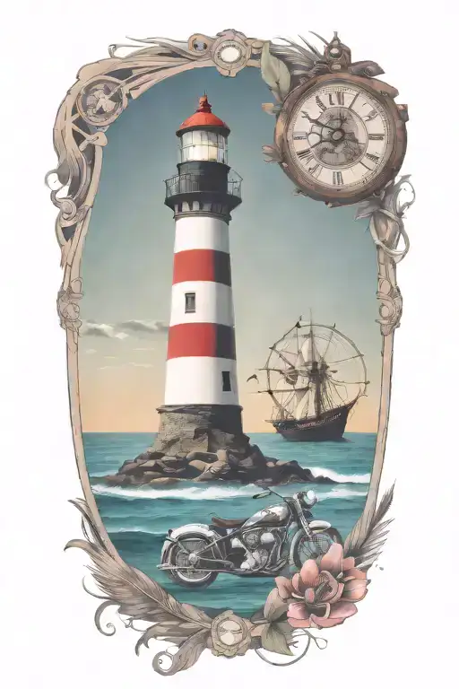 Light house, ship wheel with a clock, Indian feather, tropical fish, motorcycle tattoo design idea