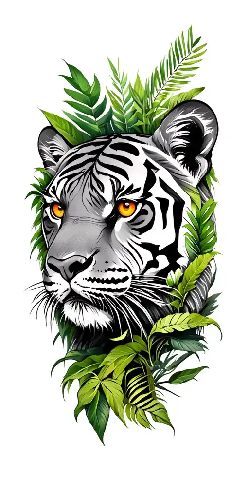 Tiger head with orange eyes, eyes being visable through lots of jungle like plants green and black tattoo design idea