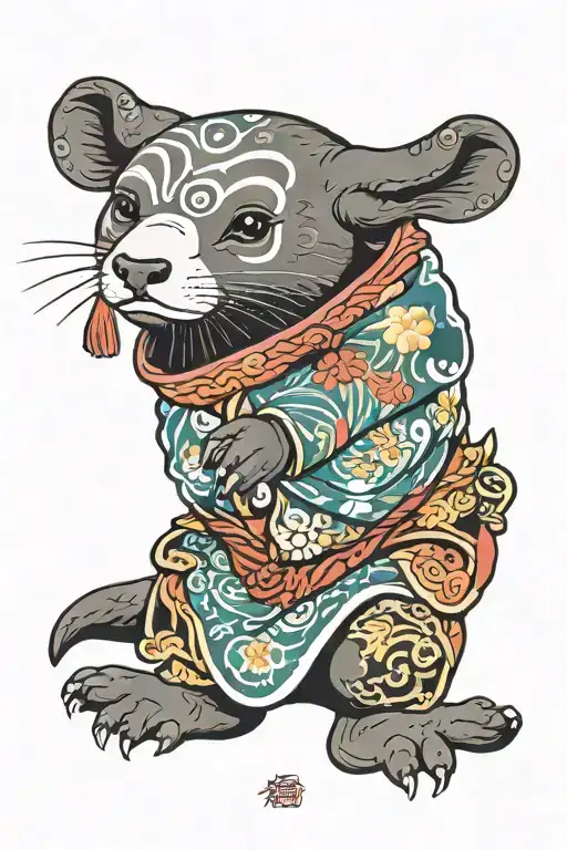 mole anilmal in  colorful Japanese  robe tattoo design idea