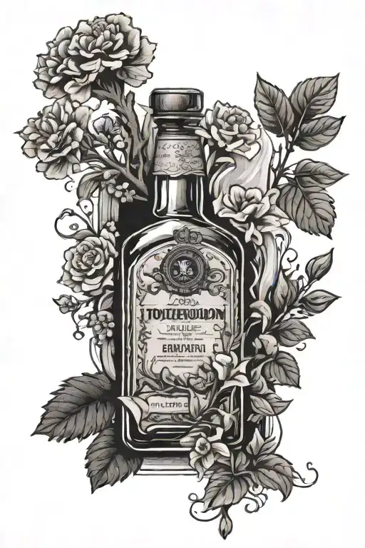 Bottle of bourbon going up arm with tree and flowers coming from bottle then at the top have a pack of cigarettes burnin tattoo design idea