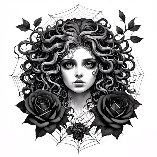 realisitc medusa surrounded by black roses and cobwebs tattoo design idea