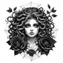 realisitc medusa surrounded by black roses and cobwebs tattoo design idea
