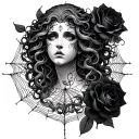 realisitc medusa surrounded by black roses and cobwebs tattoo design idea