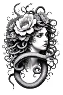 Medusa with 15 flowers and 7 snakes tattoo design idea