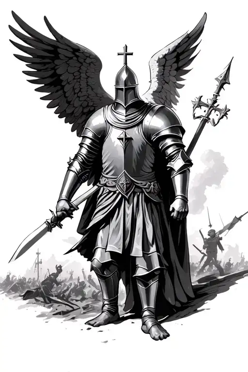 a crusader knight (Christians) with the wings of the angel st'michel on a war background tattoo design idea