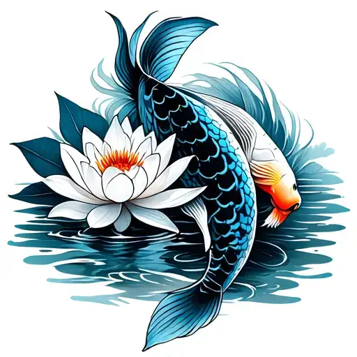 Black and blue Koi fish swimming upstream with  Lotus flower Japanese style tattoo design idea