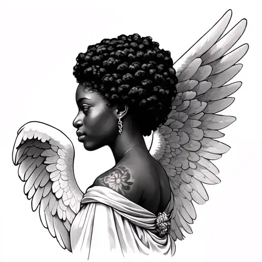 Black and grey realism. side profile. afro centric female angel with toga. Large wingDecending. on back and on upper arm tattoo design idea