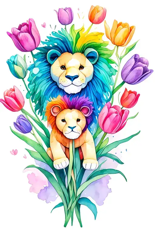 LOTS of tulips. color spilling over. rainbow theme color.  stuffed animal lion in the center. Flowers not attached tattoo design idea