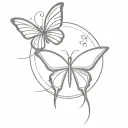 thin line tattoo of butterfly with Christian cross in its centre and breast cancer ribbon within its wings tattoo design idea