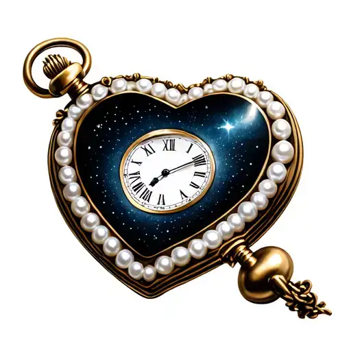 A heart-shaped pocket watch with a white pearl border, pointing to midnight. tattoo design idea