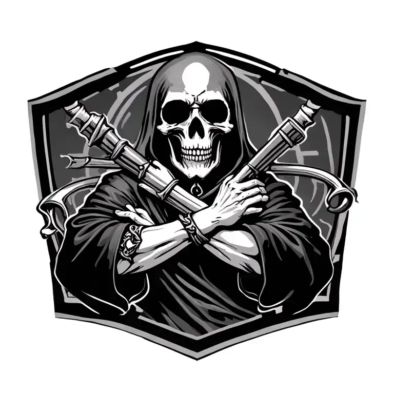 Spanish grim reaper arms crossed tattoo design idea