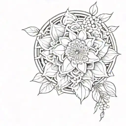 japanese flower and mandala behind it tattoo design idea