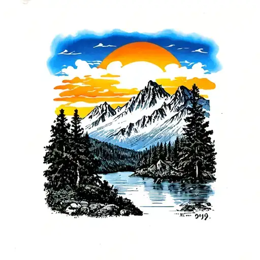 altai mountains and sunset scene tattoo design idea
