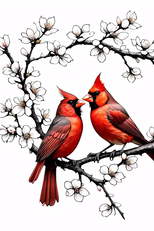 A male cardinal and a female cardinal looking at each other sitting on one cherry blossom branch tattoo design idea