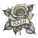 text that says "Isaiah 54:17" with a yellow rose  tattoo design idea