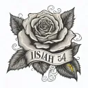 text that says "Isaiah 54:17" with a yellow rose  tattoo design idea