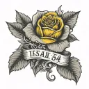 text that says "Isaiah 54:17" with a yellow rose  tattoo design idea