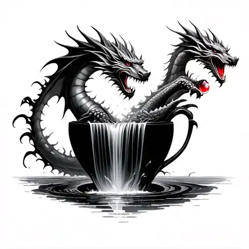 Waterfall coming out of a vase. Dragon coming out of that waterfall. With a garnet in its mouth. tattoo design idea