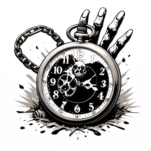 pocket watch with broken chain skeleton hand reaching out of ground background gravyard tattoo design idea