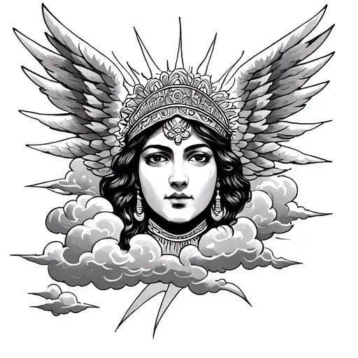 chicano angel face surrounded by clouds and sun rays tattoo design idea