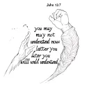 Bicep tattoo. The Bible verse “John 13:7, you may not understand now, but later you will under understand”. inner bicep tattoo design idea
