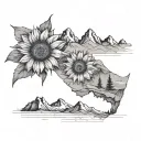 mountains with a sunflower, coffee and a huckleberry tattoo design idea