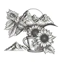 mountains with a sunflower, coffee and a huckleberry tattoo design idea
