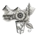 mountains with a sunflower, coffee and a huckleberry tattoo design idea