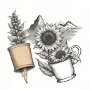 mountains with a sunflower, coffee and a huckleberry tattoo design idea