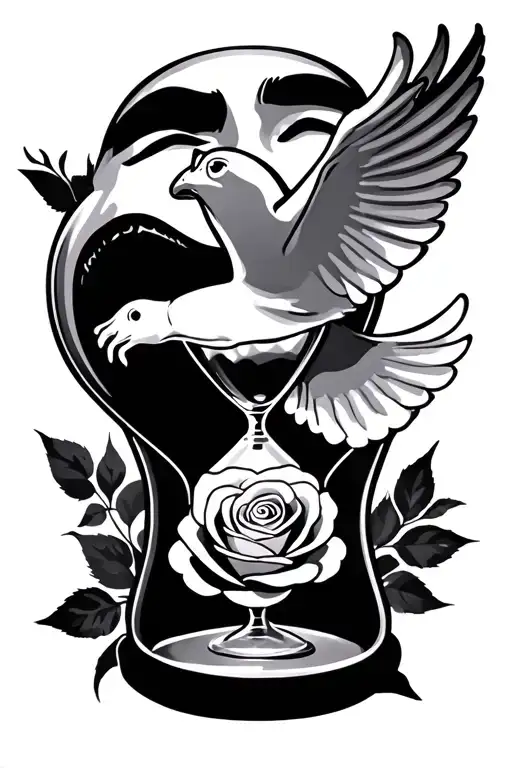 laugh face, cry face, dove, rose, hour glass tattoo design idea