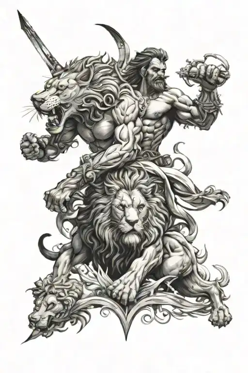 lion and wolf, family, universe and angels fighting demons tattoo design idea