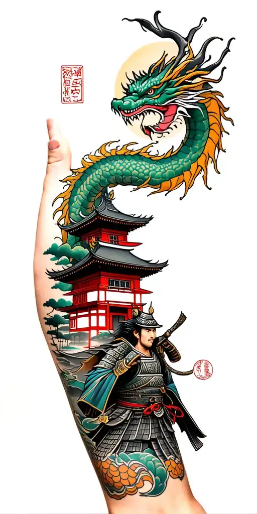 japanese building on forearm with samurai warrior on outer bicep and dragon wrapped around witht he head on hand tattoo design idea