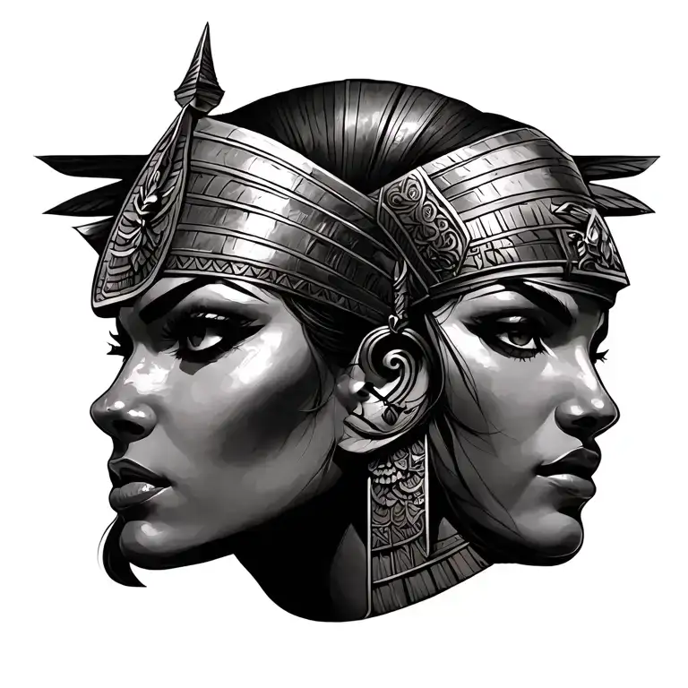 female warrior queen in battle. Egyptian goddess. big face. emotional tattoo design idea