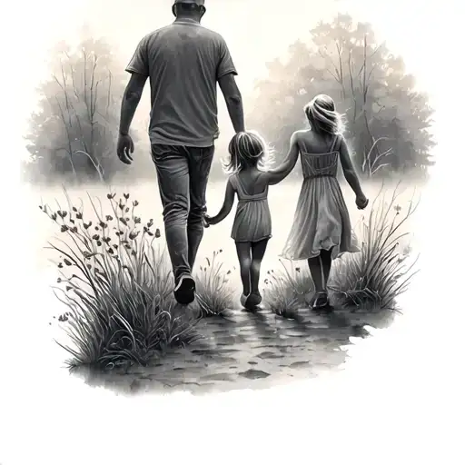 Mom dad and daughter walk in nature tattoo design idea