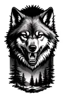 wolf head grinning with trees/forrest underneath towards the wrist tattoo design idea