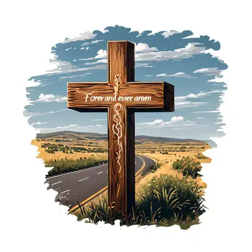 3 wooden cross on right  hand side of the highway with the lyrics forever and ever amen tattoo design idea