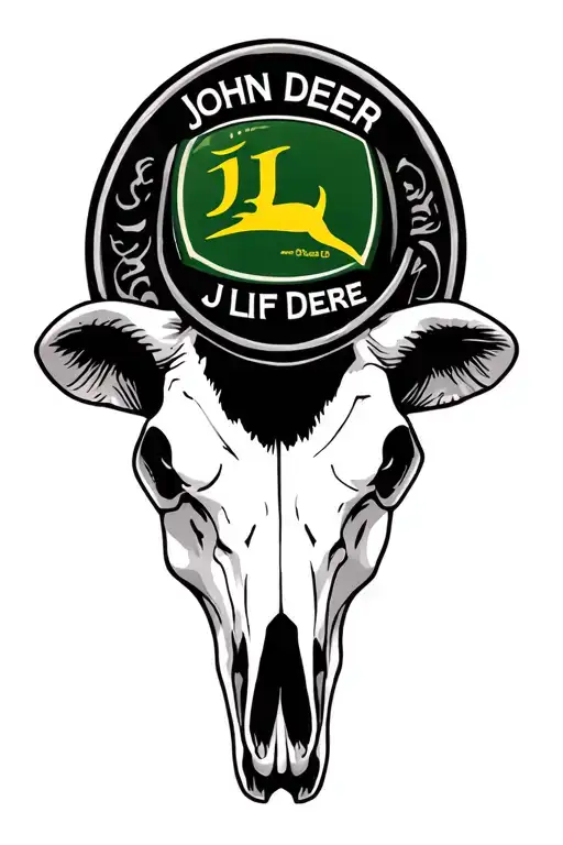 Cow Skull with John Deere Logo and the letters JLF tattoo design idea