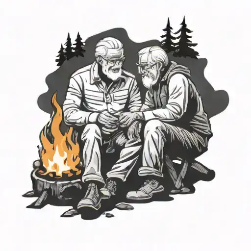 Grandfather and grandson sitting in front of a campfire tattoo design idea