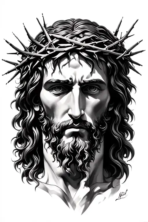 Jesus with crown of thorns intertwined with smooth shading and nice contrast. make it look photorealistic  tattoo design idea