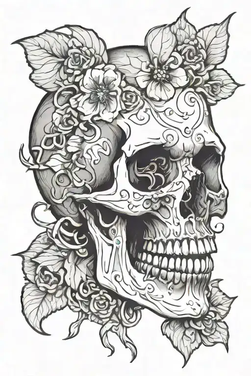 Skull, no jaw, in side profile with an ethereal flower emerging from the eye socket, envision a detailed skull tattoo design idea