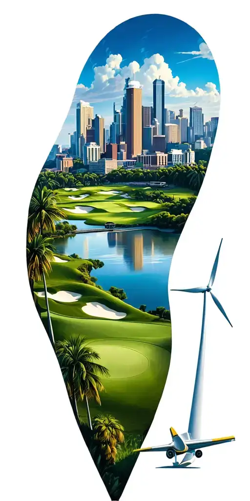 golf course in with train in skyline windmills plane palm tattoo design idea