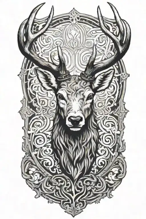 thick stag head with large antlers, yggdrasil tattoo design idea