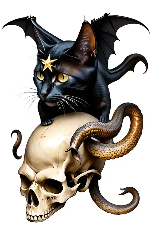 Black cat with bat wings, star on forehead, with goat horns, serpents coming out of mouth, standing on a skull  tattoo design idea