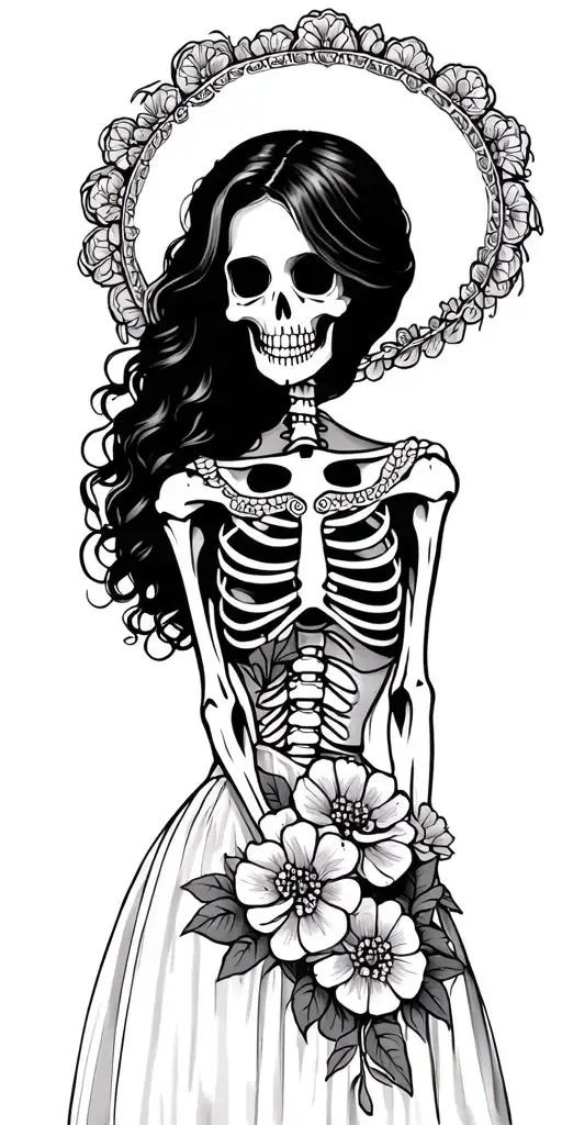 Mexican woman skeleton in dress with carnations tattoo design idea