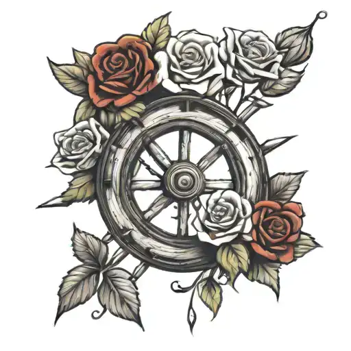 wagon wheel with broken spoke and red roses growing tattoo design idea