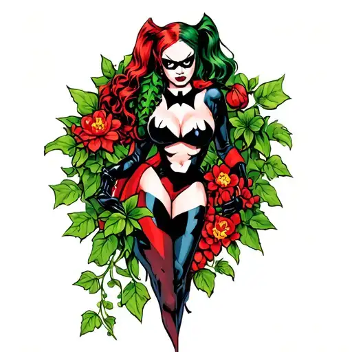 Batman, Poison Ivy controlling vines & flowers, Harley Quinn tattoo design idea