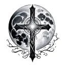 blake cross with a gray moon behind it and Philippians 4 13 tattoo design idea