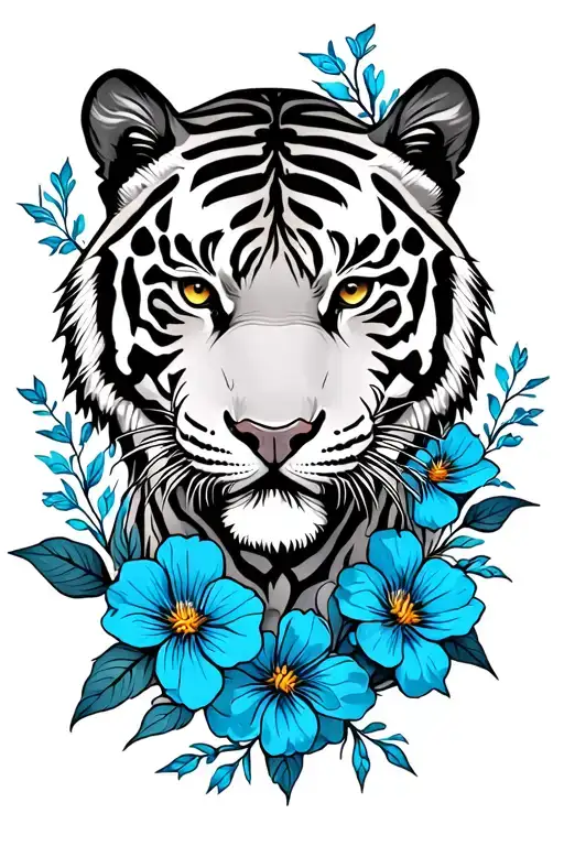 black and white tiger with blue flowers surrounding it tattoo design idea