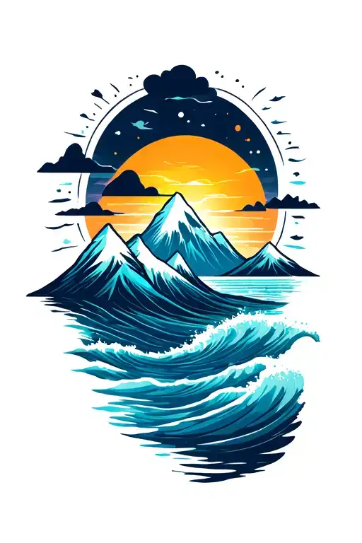 mountains ocean sun rays tattoo design idea