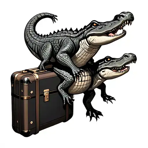 suitcase with alligator riding tattoo design idea